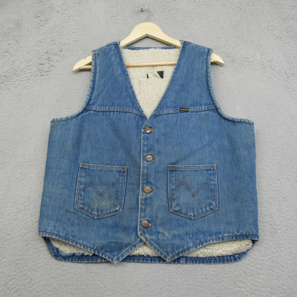 Vintage Maverick Jean Vest Mens L Blue Sherpa Lined Western Workwear Ranch